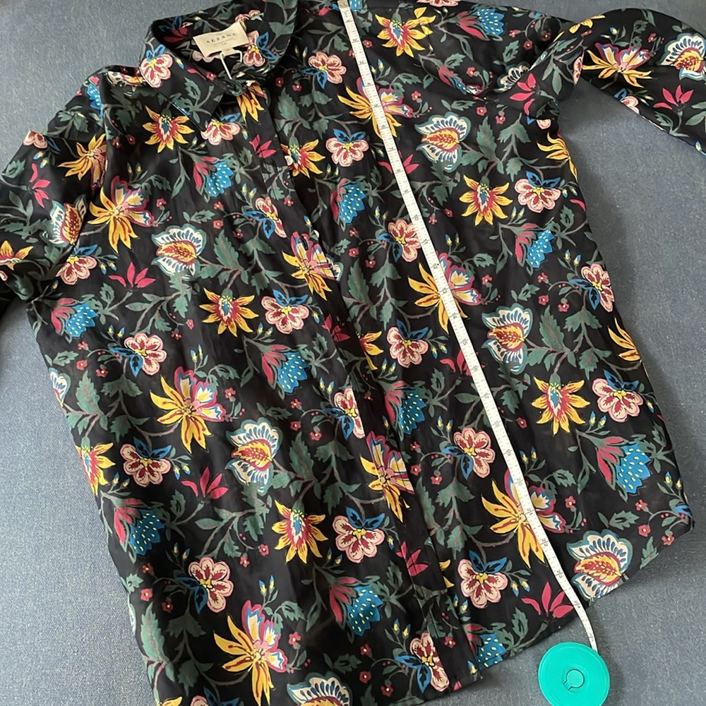 Sezane Pierro Black Silk Cotton Floral Button-Down Shirt - Picture 4 of 5